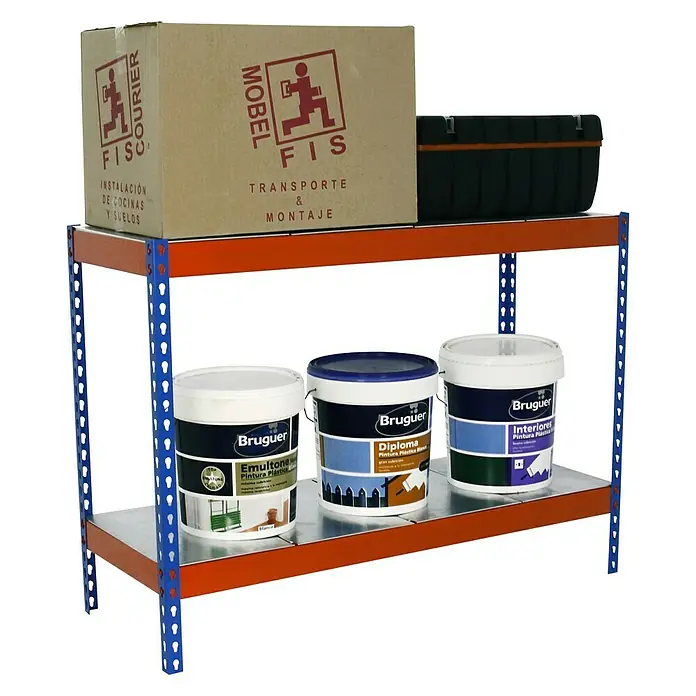 Simonrack Simonforte Schwerlastregal Simonforte Metall - H x B x T: 90 x 120 x 45 cm, Traglast pro Boden: 600 kg, Anzahl Böden: 2 Stk., Stecken, Blau/Orange/Silber - Regal mit Umzugskarton und Farbdosen der Marke Bruguer: Emultone, Diploma und Interiores.