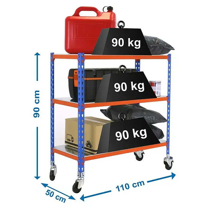 Simonrack Simonclick Estantería metálica Mobile Superplus - Al x An x Pr: 90 x 110 x 50 cm, Número de baldas: 3 ud., Inserción, Blanco - La imagen muestra una estantería de carga pesada con tres niveles, cargada con pesos, cajas y contenedores, con medidas de 90x50x110 cm.