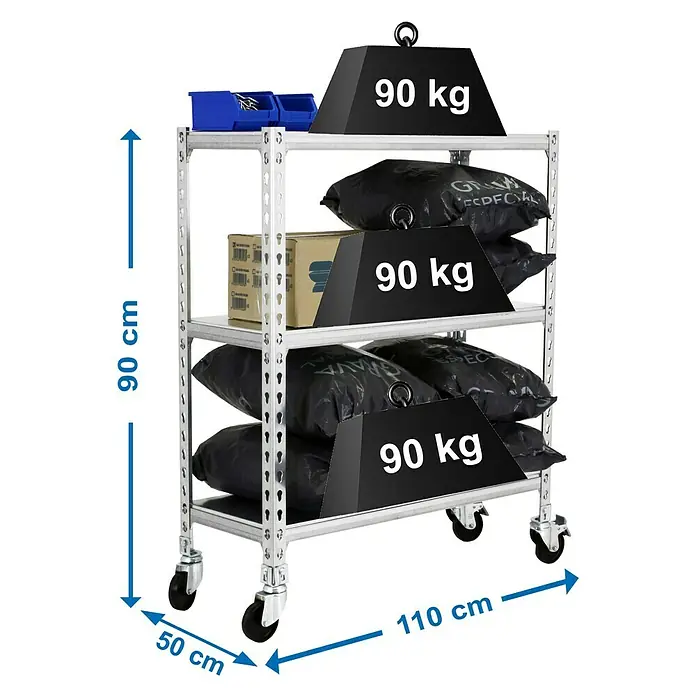 Simonrack Simonclick Estantería metálica Mobile Superplus - Al x An x Pr: 97,5 x 110 x 50 cm, Número de baldas: 3 ud., Inserción, Galvanizado - Imagen del producto de un carro estantería de alta resistencia con tres niveles y pesos.