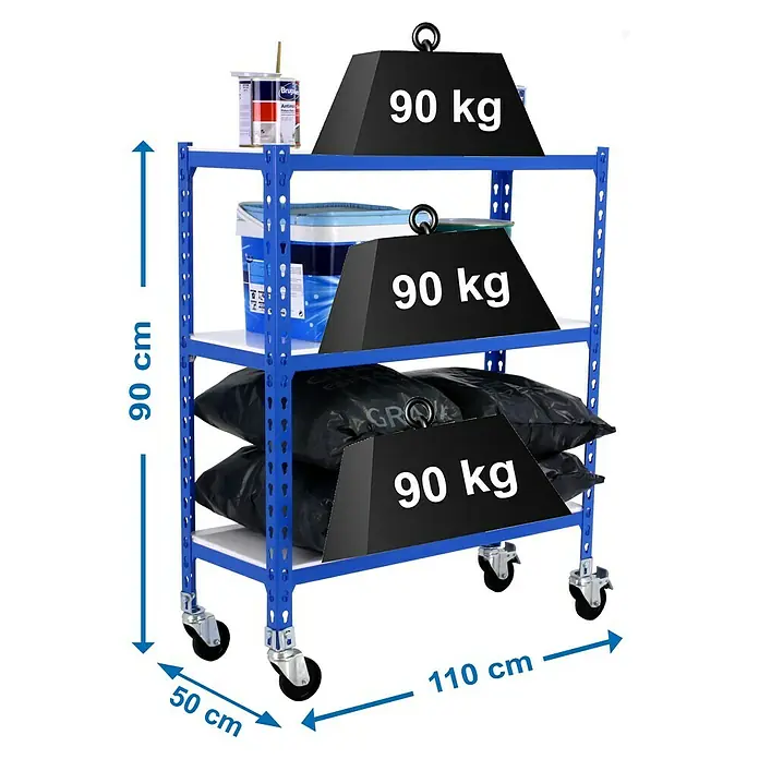 Simonrack Simonclick Estantería metálica Mobile Superplus - Al x An x Pr: 97,5 x 110 x 50 cm, Número de baldas: 3 ud., Inserción, Azul/Blanco - Imagen del producto de una estantería resistente azul con tres niveles sobre ruedas y pesos para demostrar la capacidad de carga.