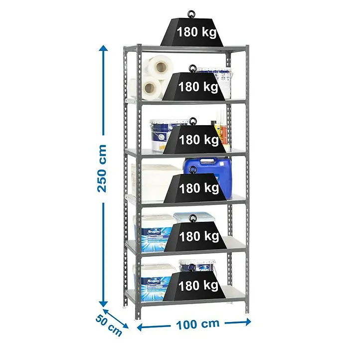 Simonrack Simonclick Metallregal Simonclick Plus - H x B x T: 250 x 100 x 50 cm, Traglast pro Boden: 180 kg, Anzahl Böden: 6 Stk., Stecken, Grau/Grau - Bild eines Schwerlastregals mit sechs Böden, auf denen verschiedene Gegenstände und Gewichte von 180 kg platziert sind.