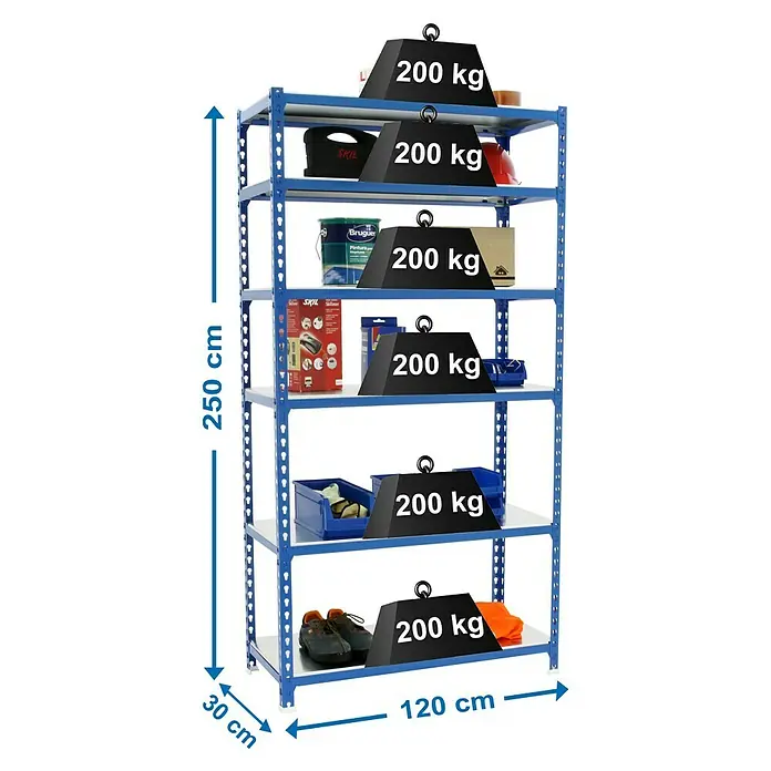 Simonrack Simonclick Metallregal Mega Plus - H x B x T: 250 x 120 x 30 cm, Traglast pro Boden: 200 kg, Anzahl Böden: 6 Stk., Stecken, Blau/Silber - Aufnahme eines blau-silbernen Schwerlastregals mit sechs Regalböden, wobei jeder Boden mit 200 kg Gewicht belastet ist.