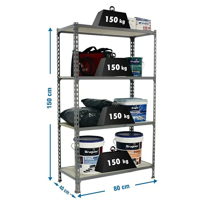 Simonrack Maderclick Metallregal Maderclick Mini - H x B x T: 150 x 80 x 40 cm, Traglast pro Boden: 150 kg, Anzahl Böden: 4 Stk., Stecken, Grau - Abbildung eines grauen Metallregals mit vier Ebenen, beladen mit Farbdosen, einem roten Schweißgerät und Gewichten, die jeweils 150 kg anzeigen.