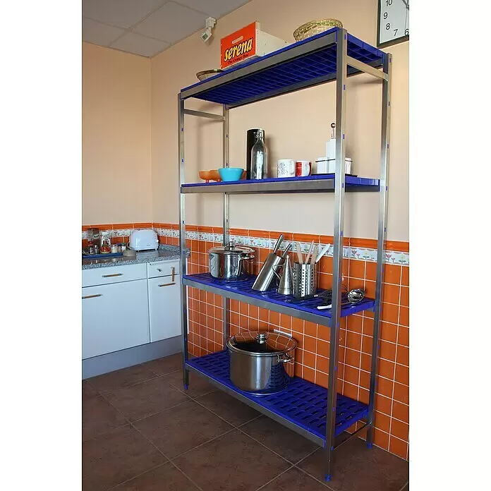 Simonrack Simoninox Metallregal Grundelement - H x B x T: 200 x 329 x 40 cm, Traglast pro Boden: 180 kg, Anzahl Böden: 4 Stk., Stecken, Material Boden: Kunststoff - Edelstahlregal mit blauen Kunststoffrosten, zur Aufbewahrung von Küchenutensilien.