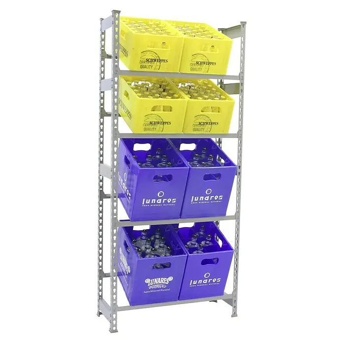 Simonrack Simonbottle Getränkekistenregal Bottleclick - H x B x T: 200 x 80 x 30 cm, Traglast Einlegeboden: 100 kg, Anzahl Böden: 4 Stk., Stecken, Grau - Regal mit gelben Schweppes-Limonaden und blauen Lunares-Mineralwasserflaschen, ordentlich gestapelt und präsentiert.