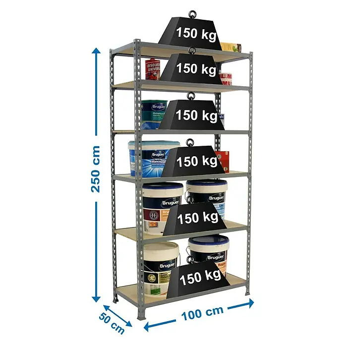Simonrack Maderclick Metallregal Maderclick Plus - H x B x T: 250 x 100 x 50 cm, Traglast pro Boden: 150 kg, Anzahl Böden: 6 Stk., Stecken, Grau - Ansicht eines Regals mit Farbtöpfen und Gewichten, das die Kapazität und Abmessungen des Produkts hervorhebt.