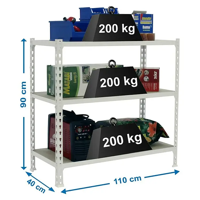 Simonrack Maderclick Metallregal Maderclick SuperPlus - H x B x T: 90 x 110 x 40 cm, Traglast pro Boden: 200 kg, Anzahl Böden: 3 Stk., Stecken, Weiß - Ein weißes Regal mit drei Ebenen, auf denen verschiedene Gegenstände stehen und jeweils mit Gewichten von 200 kg belastet sind.