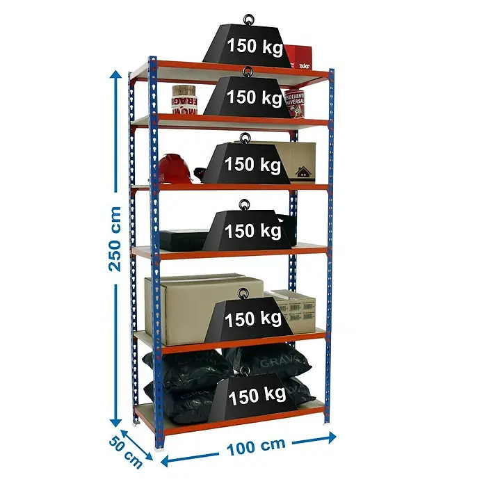 Simonrack Maderclick Metallregal Maderclick Plus - H x B x T: 250 x 100 x 50 cm, Traglast pro Boden: 150 kg, Anzahl Böden: 6 Stk., Stecken, Blau/Orange - Abbildung eines Schwerlastregals mit sechs Fächern, die jeweils mit Gewichten bis zu 150 kg belastet sind, was seine Stabilität zeigt.