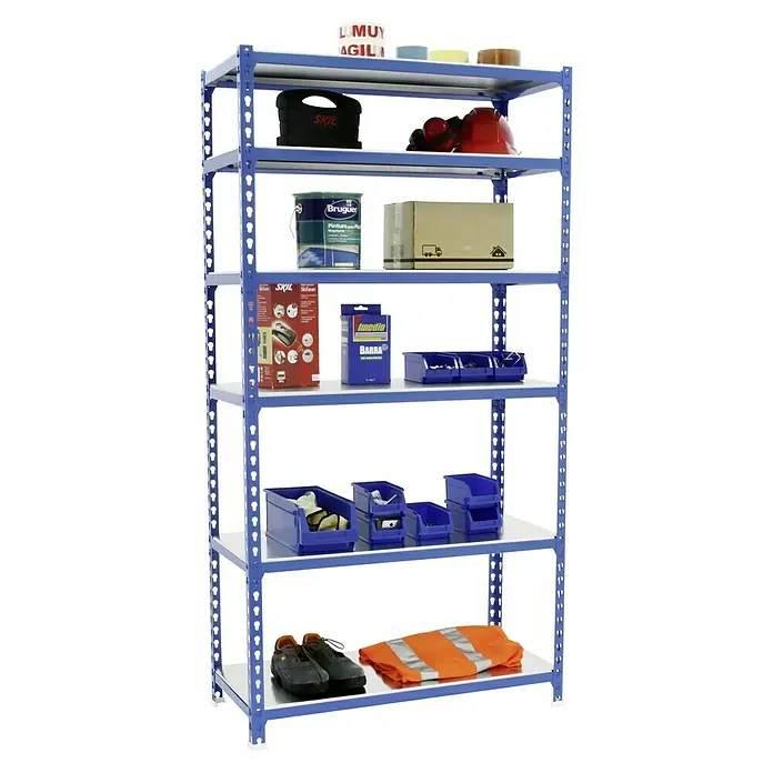 Simonrack Simonclick Metallregal Simonclick Super Plus - H x B x T: 250 x 110 x 30 cm, Traglast pro Boden: 200 kg, Anzahl Böden: 6 Stk., Stecken, Blau/Silber - Produktaufnahme eines blauen Metallregals mit sechs Regalböden, das diverse Werkzeuge, Behälter und Arbeitskleidung enthält.