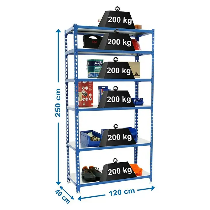 Simonrack Simonclick Metallregal Mega Plus - H x B x T: 250 x 120 x 40 cm, Traglast pro Boden: 200 kg, Anzahl Böden: 6 Stk., Stecken, Blau/Silber - Ein blaues Regal mit sechs Fächern ist mit 200 kg schweren Lasten auf jedem Fach beladen und hat eine Gesamthöhe von 250 cm.