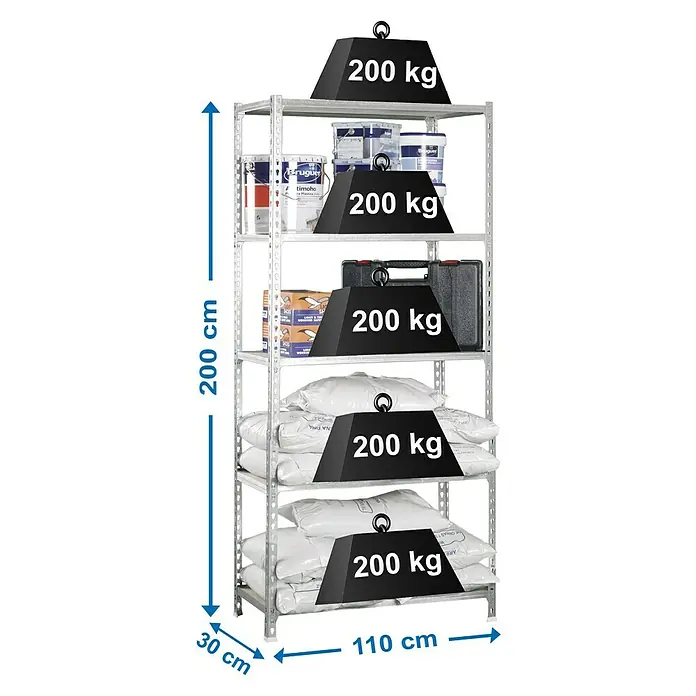 Simonrack Maderclick Metallregal Maderclick SuperPlus - H x B x T: 200 x 110 x 30 cm, Traglast pro Boden: 200 kg, Anzahl Böden: 5 Stk., Stecken, Silber - Schwerlastregal mit Abmessungen und Belastungsgewichten für jede Ebene zur Veranschaulichung der Tragfähigkeit.