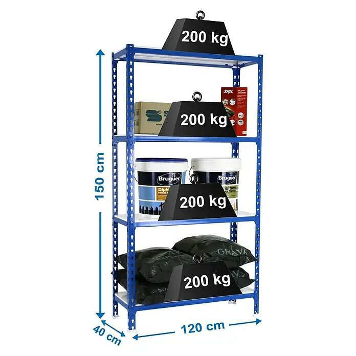 Simonrack Simonclick Metallregal Mega Plus - H x B x T: 150 x 120 x 40 cm, Traglast pro Boden: 200 kg, Anzahl Böden: 4 Stk., Stecken, Blau/Weiß - Abbildung eines blauen Metallregals mit vier Ebenen, beladen mit Farbeimern, Sandsäcken und Gewichten zur Darstellung der Tragfähigkeit.