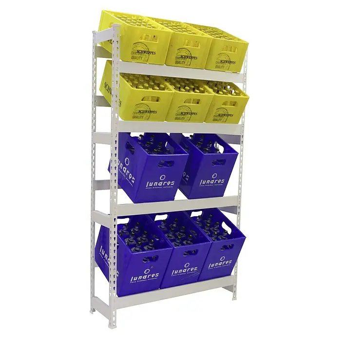 Simonrack Simonbottle Getränkekistenregal Bottleclick - H x B x T: 200 x 100 x 30 cm, Traglast Einlegeboden: 100 kg, Anzahl Böden: 4 Stk., Stecken, Weiß - Ein Verkaufsständer mit gelben Schweppes-Kisten und blauen Lunares-Wasserflaschen, die ordentlich angeordnet sind, um Kunden anzusprechen.