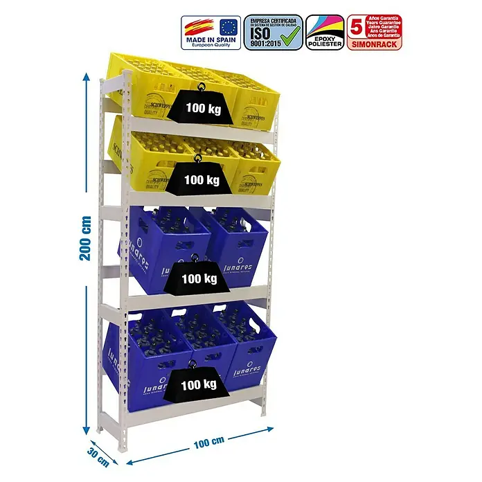 Simonrack Simonbottle Getränkekistenregal Bottleclick - H x B x T: 200 x 100 x 30 cm, Traglast Einlegeboden: 100 kg, Anzahl Böden: 4 Stk., Stecken, Weiß - Produktabbildung eines Schwerlastregals mit gelben und blauen Getränkekisten, das mit Gewichtsangaben versehen ist, um die Tragfähigkeit zu demonstrieren.