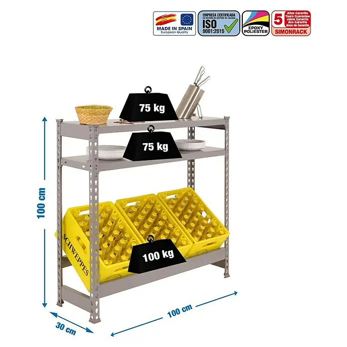 Simonrack Simonbottle Getränkekistenregal Shelf - H x B x T: 100 x 100 x 30 cm, Anzahl Böden: 3 Stk., Traglast Einlegeboden: 100 kg, Stecken, Grau - Abbildung eines robusten, grauen Schwerlastregals mit drei Ebenen, beladen mit Körben, Geschirr und Gewichten zur Demonstration der Tragfähigkeit.