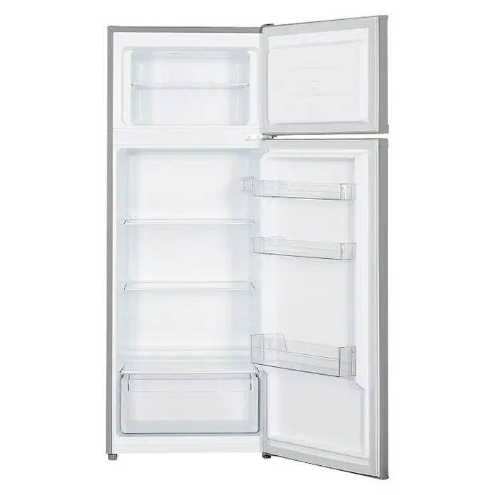 PKM Kühl-Gefrierkombination GK 212 SI - Nutzinhalt Gesamt: 206 l, 55,5 x 54,5 x 143 cm, Silber - Offener, leerer Kühlschrank mit Regalen und Schubladen. Ideal für die Aufbewahrung von Lebensmitteln und Getränken.