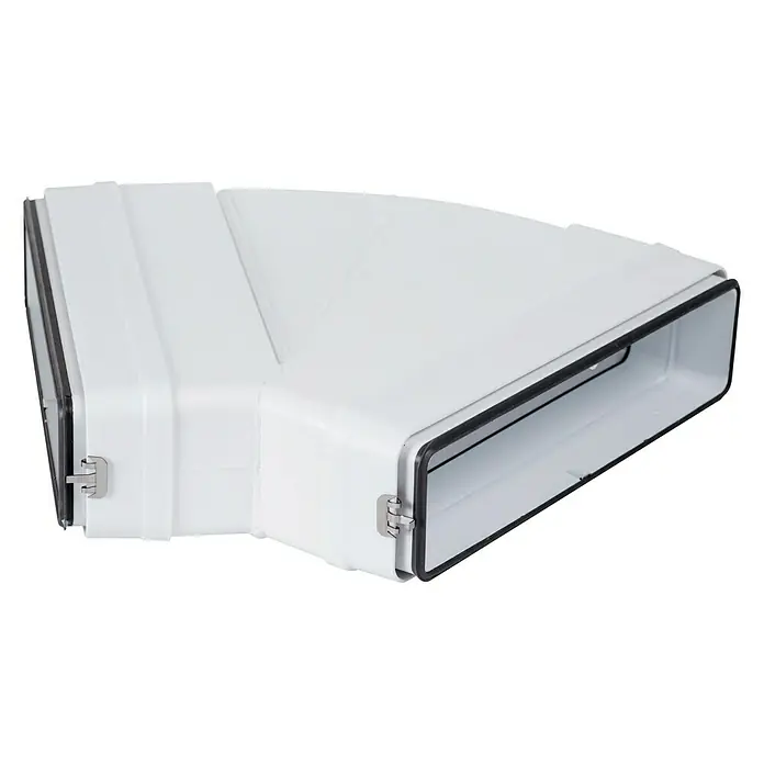 Codo horizontal rectangular Tubpla Pure - Diámetro: 150 mm, 45 ° - Elemento de conducto rectangular blanco, ideal para sistemas de ventilación. Construcción robusta para un rendimiento fiable.