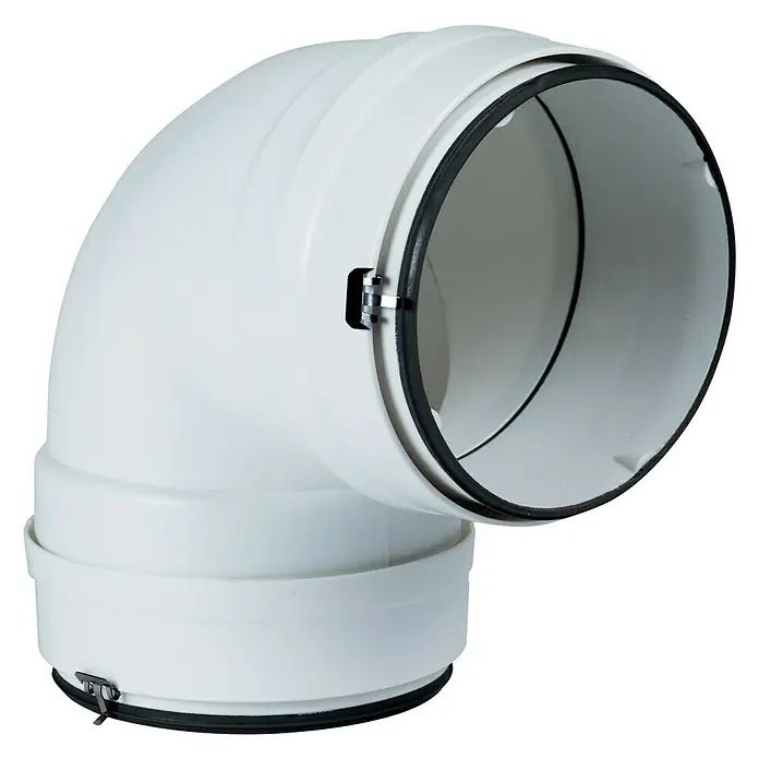Codo redondo Tubpla Pure - Diámetro: 100 mm, 90 ° - Conector de tubo angulado blanco con anillos de sellado negros y abrazaderas plateadas para una conexión segura de tubos.