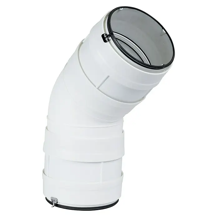 Codo redondo Tubpla Pure - Diámetro: 100 mm, 45 ° - Un sistema de tubos de humos telescópicos angulados blancos para estufas de leña. Ideal para un enrutamiento preciso y una fácil instalación.