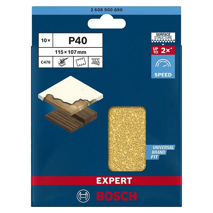 Bosch Expert Schleifblätter C470 - Körnung: 40, 115 x 107 mm, 10 Stk. - Packung Bosch EXPERT C470 Schleifblätter, Körnung P40, 115x107mm, 10 Stück, für Schleifmaschinen. Ideal zum Bearbeiten von Holz und Oberflächen.
