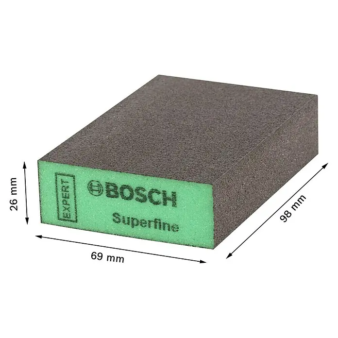 Bosch Professional Expert Schleifschwamm S471 - Sehr Fein, 1 Stk., L x B x H: 97 x 69 x 26 mm - Das Bild zeigt einen Schleifklotz von Bosch Expert Superfine mit Abmessungen von 26 mm x 69 mm x 98 mm.