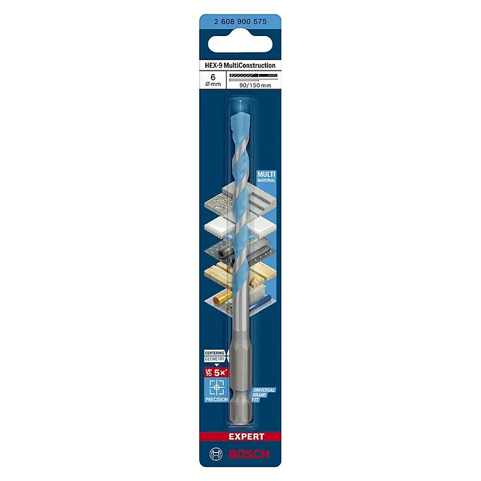 Bosch Expert Universalbohrer Hex-9 - Durchmesser Bohrer: 6 mm, Arbeitslänge: 90 mm - Das Bild zeigt einen Bosch EXPERT HEX-9 MultiConstruction Bohrer mit 6 mm Durchmesser und einer Länge von 90/150 mm.