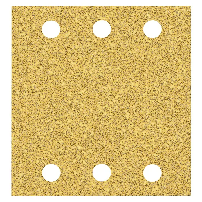 Bosch Expert Schleifblätter C470 - Körnung: 40, 115 x 107 mm, 10 Stk. - Nahaufnahme eines quadratischen Schleifpapiers mit sechs Löchern für Schleifmaschinen, ideal für Holz- und Metallbearbeitung.