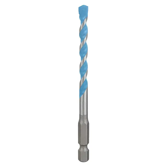 Bosch Expert Universalbohrer Hex-9 - Durchmesser Bohrer: 6 mm, Arbeitslänge: 90 mm - Nahaufnahme eines blauen Spiralbohrers mit Sechskantschaft, ideal für präzise Bohrungen in verschiedenen Materialien.