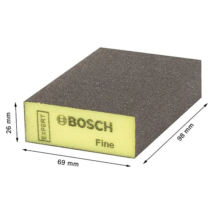 Bosch Professional Expert Schleifschwamm S471 - Fein, 1 Stk., L x B x H: 97 x 69 x 26 mm - Das Bild zeigt einen Bosch Schleifklotz Expert Fine mit den Maßen 26x69x98 mm, ideal für feine Schleifarbeiten.