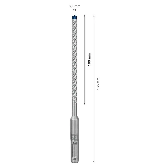 Bosch Expert SDS-Plus Betonbohrer-Set SDS Plus-7X - Durchmesser: 6 mm, Länge: 165 mm, 10 Stk. - Ein 6,0 mm Bosch Expert 7X Hammerbohrer mit den Maßen 100 mm und 165 mm.