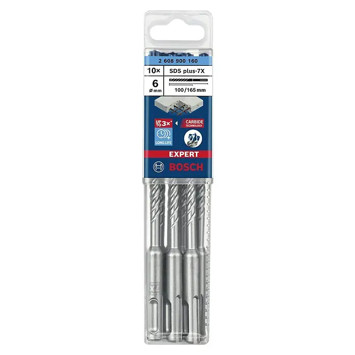 Bosch Expert SDS-Plus Betonbohrer-Set SDS Plus-7X - Durchmesser: 6 mm, Länge: 165 mm, 10 Stk. - Eine Packung Bosch Expert SDS plus-7X Bohrer, 10 Stück, mit einem Durchmesser von 6 mm und einer Länge von 100/165 mm.