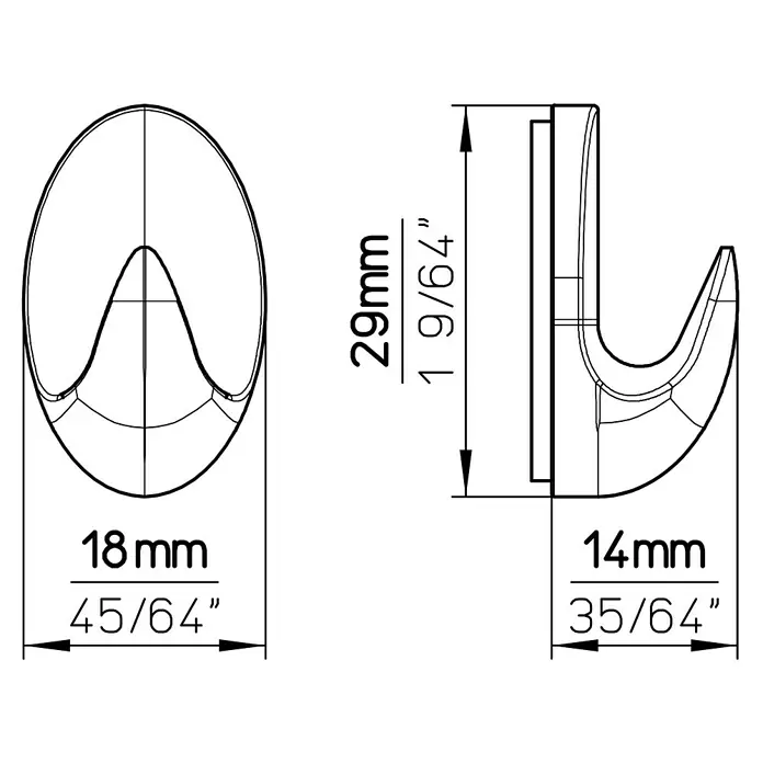 Siro Handtuchhaken - Gesamtstückzahl: 3 Stk., L x B x H: 18 x 29 x 14 mm, Anzahl Haken: 1 Stk. - Technische Zeichnung eines Wandhakens mit Maßen.