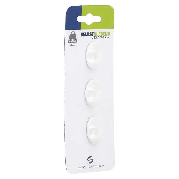 Siro Handtuchhaken - Gesamtstückzahl: 3 Stk., L x B x H: 18 x 29 x 14 mm - Selbstklebende Haken auf einer Verkaufskarte. Das Set enthält drei weiße, selbstklebende Haken, ideal für leichte Gegenstände bis 0,3 kg.