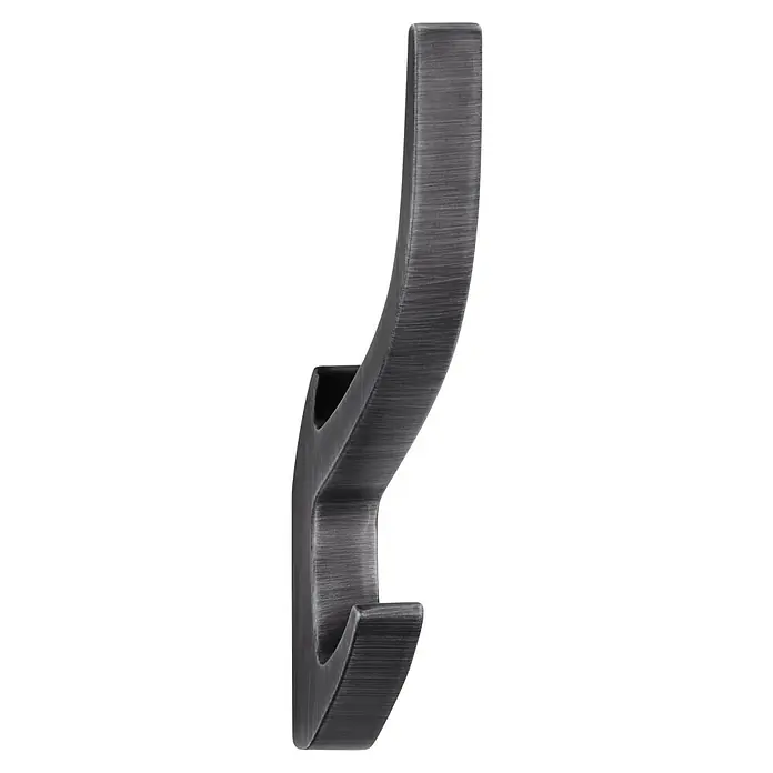 Siro Garderobenhaken 2432/ZN75 - L x B x H: 150 x 15 x 71 mm, Anzahl Haken: 1 Stk., Eisen antik, Metall - Nahaufnahme eines einzelnen, bronzefarbenen Mantelhaken. Der Haken hat ein gebogenes Design und eine gebürstete Oberfläche.