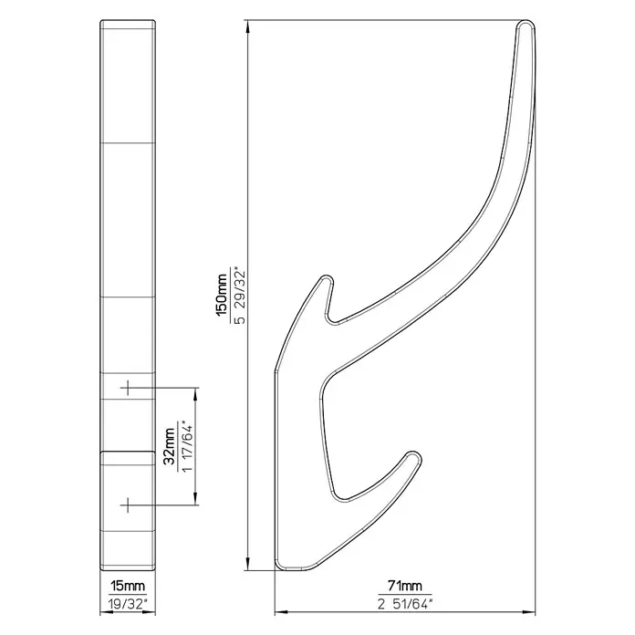 Siro Garderobenhaken 2432/ZN75 - L x B x H: 150 x 15 x 71 mm, Anzahl Haken: 1 Stk., Eisen antik, Metall - Technische Zeichnung eines Wandhakens mit Maßangaben in Millimetern und Zoll zur detaillierten Darstellung des Produkts.
