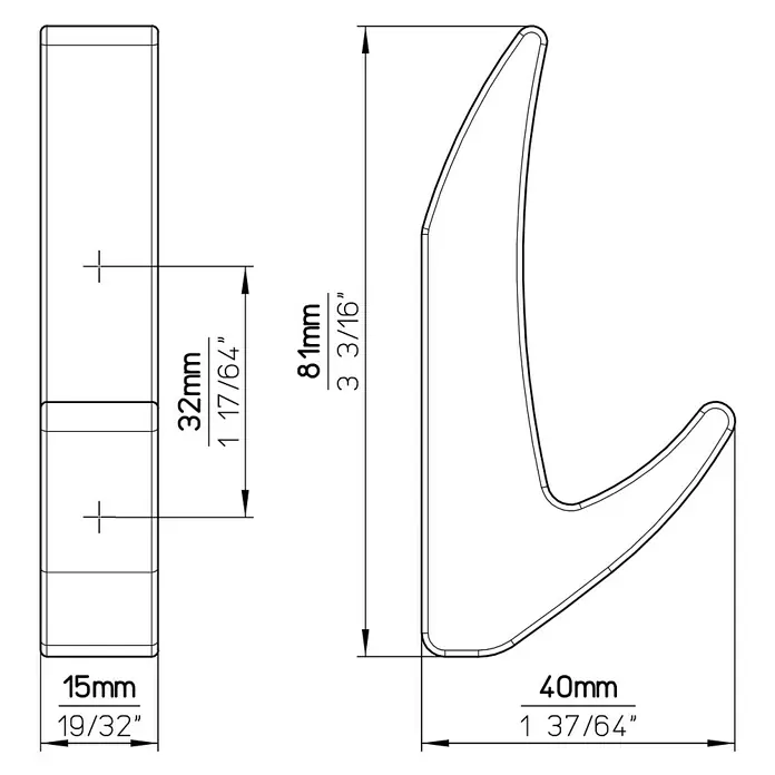 Siro Garderobenhaken 2432/ZN75 - L x B x H: 15 x 81 x 40 mm, Anzahl Haken: 1 Stk. - Technische Zeichnung einer modernen, doppelten Wandgarderobe mit Maßangaben in Millimetern und Zoll.