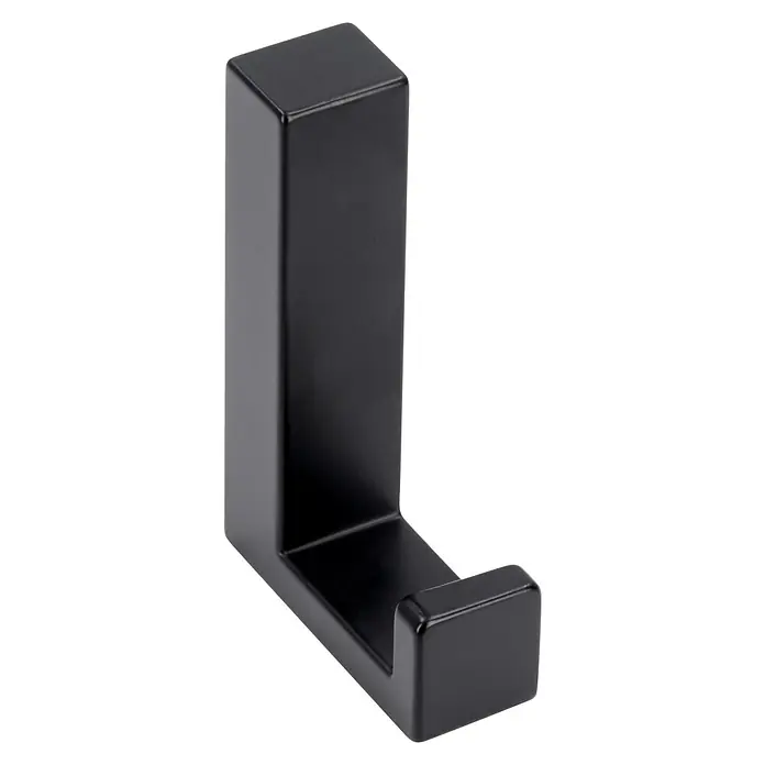 Siro Garderobenhaken - L x B x H: 15 x 61 x 40 mm, Anzahl Haken: 1 Stk., Schwarz - Nahaufnahme eines einzelnen, modernen, schwarzen Mantelhaken aus Metall mit einer quadratischen Form auf einem schwarzen Hintergrund.