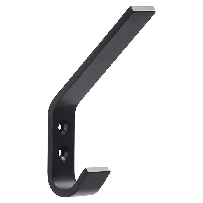 Siro Garderobenhaken - L x B x H: 19 x 120 x 75 mm, Anzahl Haken: 1 Stk., Aluminium - Nahaufnahme eines modernen, mattschwarzen Wandhakens mit klaren Linien und Befestigungsschrauben für eine stilvolle Aufhängelösung.