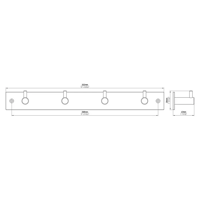 Siro Garderobenleiste 2452-322 - L x B x H: 322 x 38 x 43 mm, Anzahl Haken: 4 Stk., Schwarz - Produktzeichnung einer Kleiderleiste mit vier Haken, Maße für Breite, Höhe und Tiefe sind angegeben.