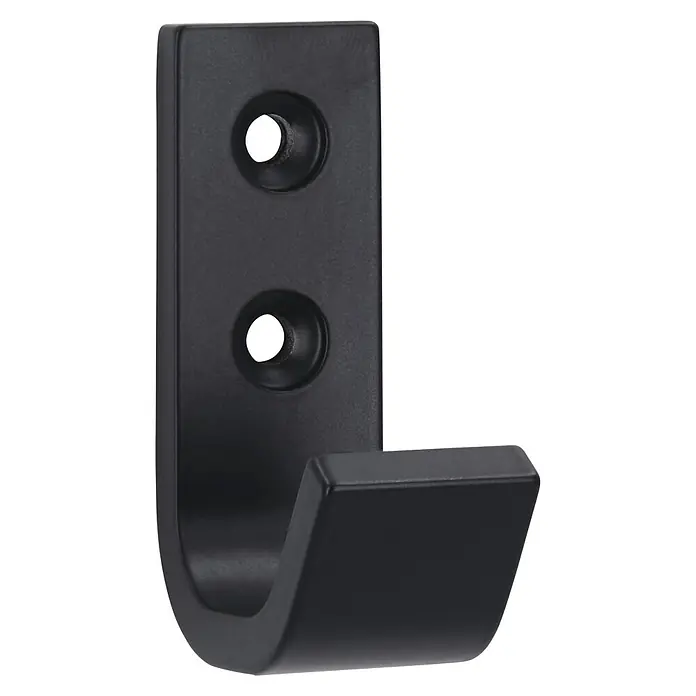 Siro Garderobenhaken - L x B x H: 19 x 54 x 37 mm, Anzahl Haken: 1 Stk., Aluminium - Nahaufnahme eines schwarzen Wandhakens mit Montagebohrungen, ideal für die stilvolle Aufbewahrung von Jacken und Accessoires.