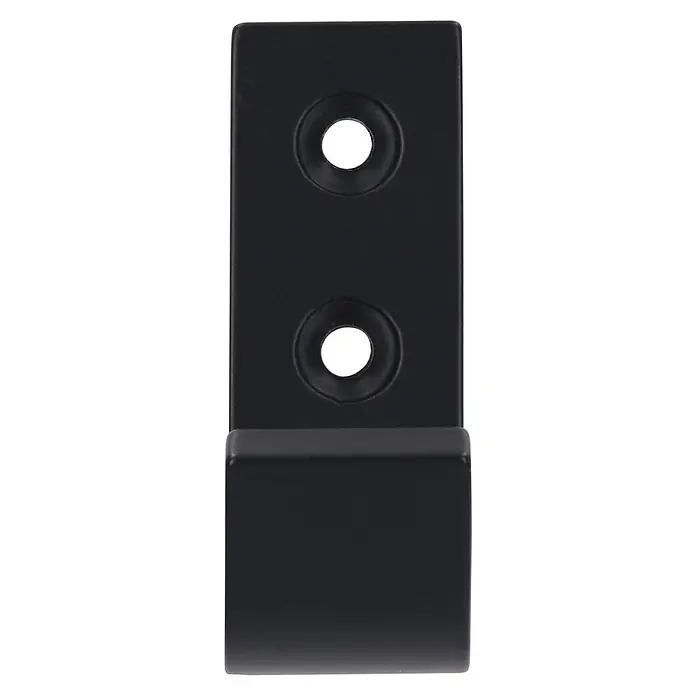 Siro Garderobenhaken - L x B x H: 19 x 54 x 37 mm, Anzahl Haken: 1 Stk., Aluminium - Nahaufnahme eines schwarzen Hakens mit zwei Löchern zur Befestigung an einer Wand, ideal für die Aufbewahrung verschiedener Gegenstände.