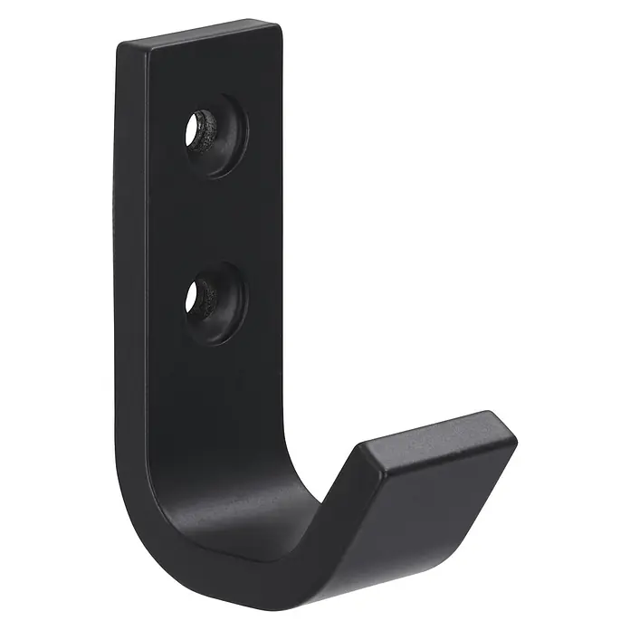 Siro Garderobenhaken - L x B x H: 19 x 54 x 37 mm, Anzahl Haken: 1 Stk., Aluminium - Nahaufnahme eines schwarzen, modernen Wandhakens mit zwei Bohrlöchern zur Befestigung, ideal für Bad oder Flur.