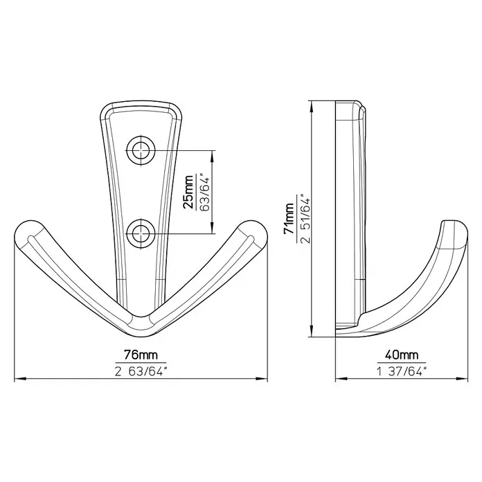 Siro Garderobenhaken 1654/ZN21 - L x B x H: 76 x 71 x 40 mm, Anzahl Haken: 1 Stk. - Technische Zeichnung einer Doppel-Garderobenhaken, mit Bemaßungen für Breite, Höhe und Befestigungsabstand.