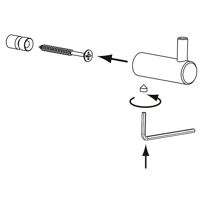 Siro Garderobenhaken - L x B x H: 40 x 14 x 28 mm, Schwarz - Eine schematische Darstellung eines Handtuchhalters mit Schrauben, Dübeln und einem Inbusschlüssel zur Montage.