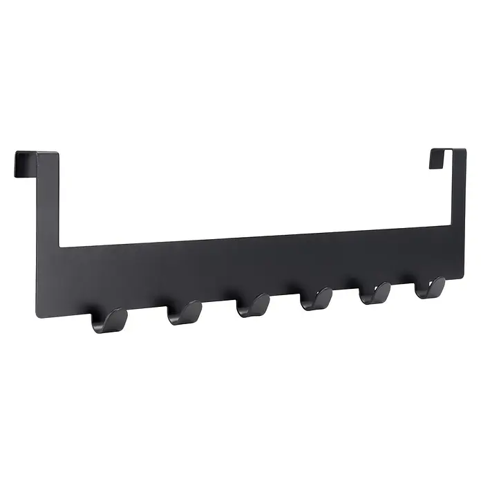 Siro Türgarderobe - L x H: 375 x 100 mm, 6 Hacken, Schwarz - Nahaufnahme einer schwarzen Türgarderobe mit sieben Haken. Ideal für die Organisation von Kleidung und Accessoires in jedem Raum.