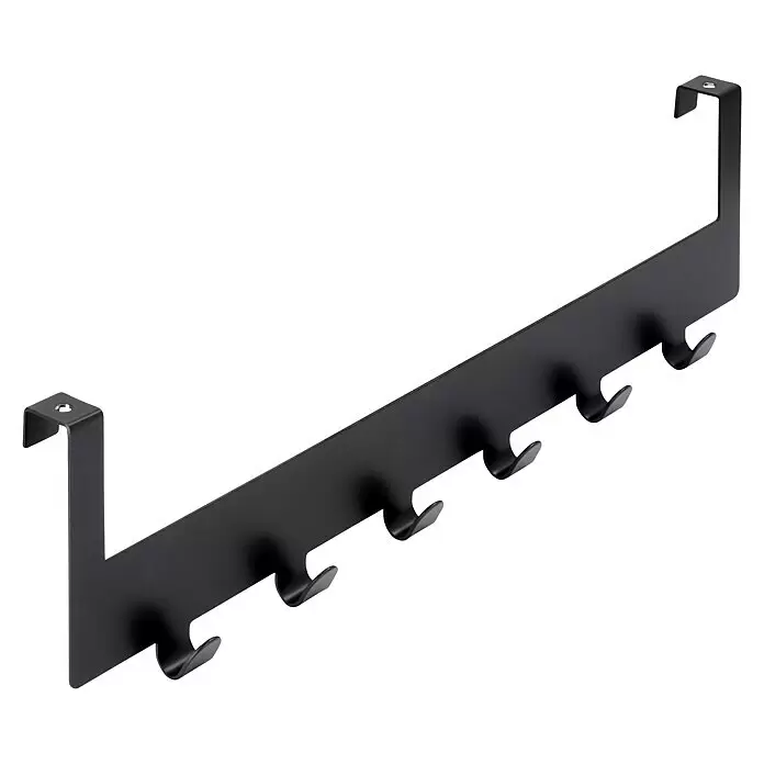 Siro Türgarderobe - L x H: 375 x 100 mm, 6 Hacken, Schwarz - Schwarze Metall-Türhakenleiste mit sechs Haken zum Aufhängen von Gegenständen.