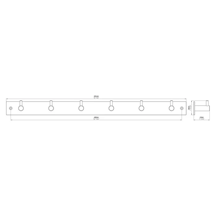 Siro Garderobenleiste - L x B x H: 484 x 39 x 43 mm, Edelstahl, Silber - Wandgarderobe mit sechs Haken und den Maßen 484 mm (Breite) x 43 mm (Tiefe) zur Aufbewahrung von Jacken und Mänteln.