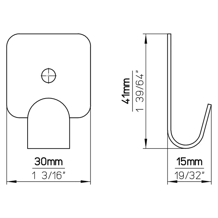 Siro Garderobenhaken 2177 - L x B x H: 30 x 41 x 15 mm, Anzahl Haken: 1 Stk. - Technische Zeichnung eines Wandhakens mit den Maßen 41mm Höhe, 30mm Breite und 15mm Tiefe, inklusive Zollangaben.
