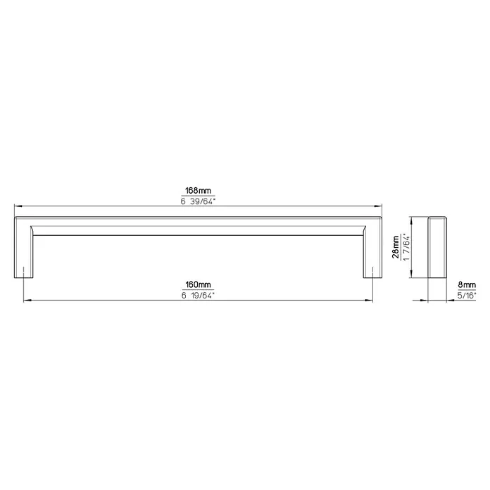 Siro Möbelgriff - Typ Möbelgriff: Bügel, L x B: 168 x 8 mm, Schwarz, Material Möbelgriff: Sonstige - Abbildung eines Möbelgriffs mit Abmessungen. Der Griff ist 168 mm breit und 28 mm hoch.