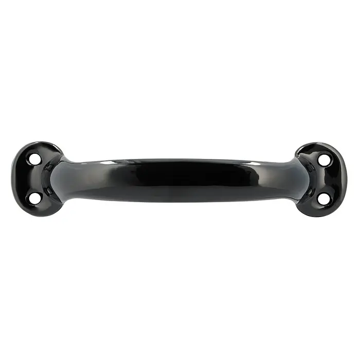 Siro Möbelgriff - Typ Möbelgriff: Bügel, L x B x H: 162 x 37 x 4 mm, Stahl, Schwarz - Nahaufnahme eines eleganten, glänzend schwarzen Türgriffs mit stilvoller Befestigungsplatte, ideal für moderne Inneneinrichtungen.